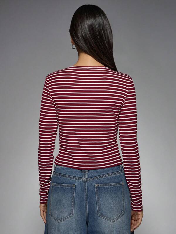 MISSGUIDED Ribbed Button Front Crop Top With Nautical Stripes