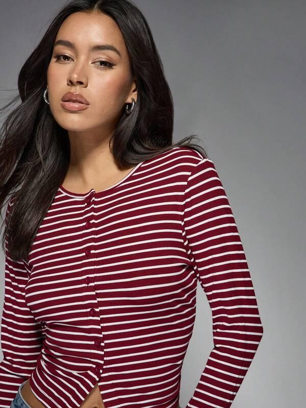 MISSGUIDED Ribbed Button Front Crop Top With Nautical Stripes