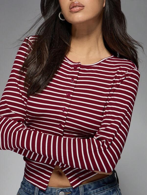 MISSGUIDED Ribbed Button Front Crop Top With Nautical Stripes