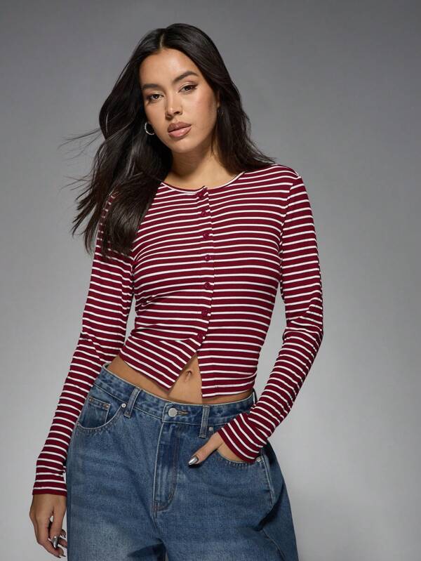 MISSGUIDED Ribbed Button Front Crop Top With Nautical Stripes