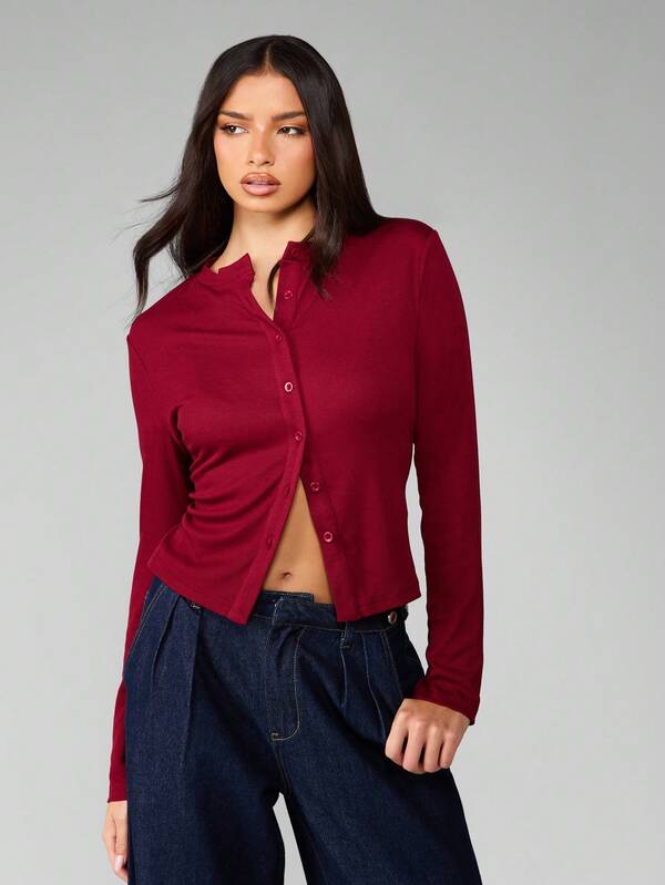 MISSGUIDED Ribbed Button Front Fitted Crop Cardigan