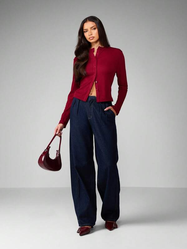 MISSGUIDED Ribbed Button Front Fitted Crop Cardigan