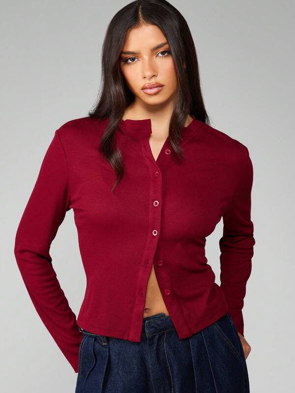 MISSGUIDED Ribbed Button Front Fitted Crop Cardigan