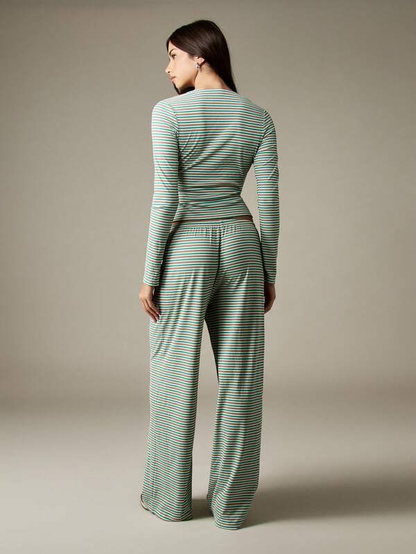 MISSGUIDED Ribbed Button Through Crop Top With Wide Leg Pants