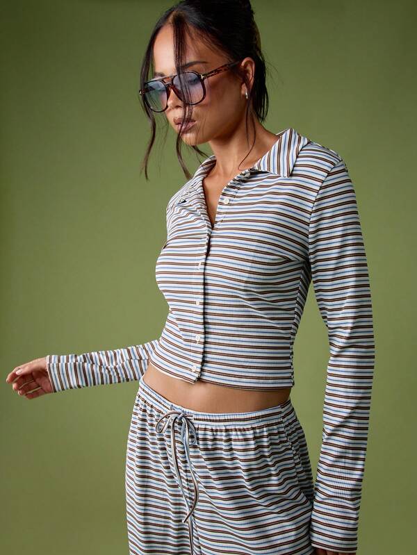MISSGUIDED Ribbed Button Up Crop Top With Palazzo Pants