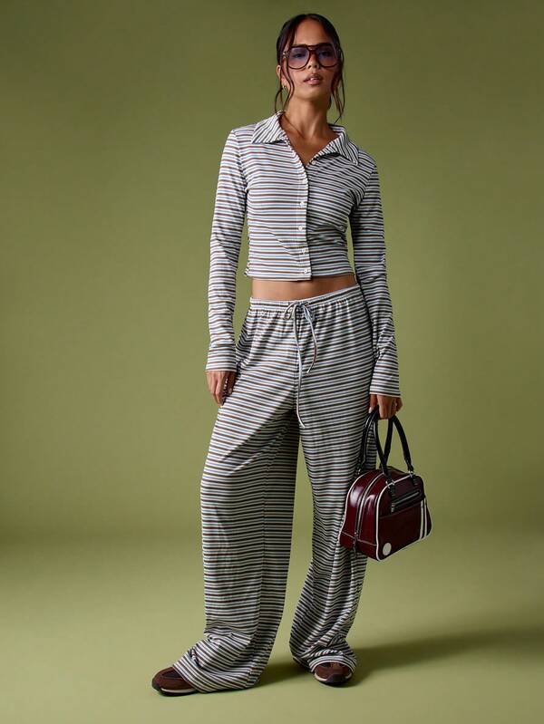 MISSGUIDED Ribbed Button Up Crop Top With Palazzo Pants