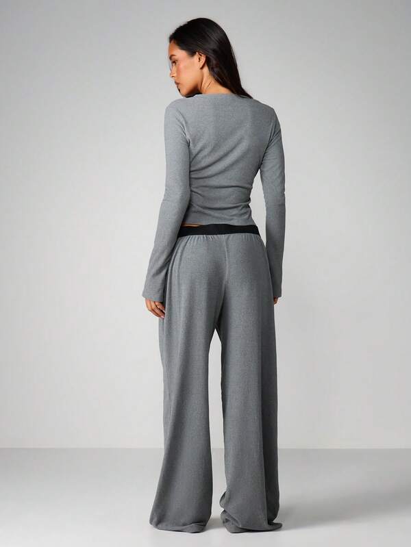 MISSGUIDED Ribbed Cardigan With Wide Leg Pants Set