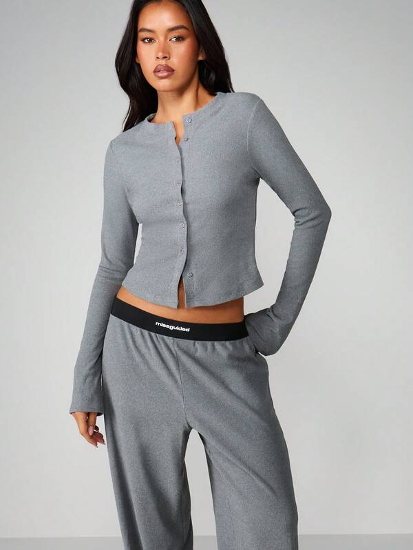 MISSGUIDED Ribbed Cardigan With Wide Leg Pants Set