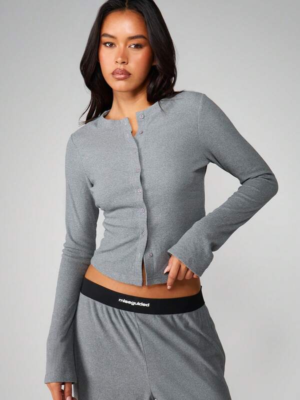 MISSGUIDED Ribbed Cardigan With Wide Leg Pants Set