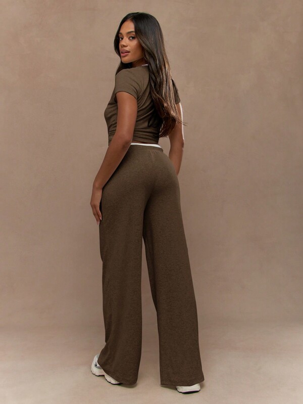 MISSGUIDED Ribbed Crop Top And Wide Leg Pants Set