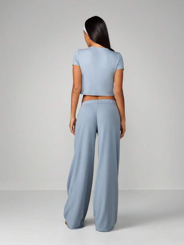MISSGUIDED Ribbed Crop Top And Wide Leg Pants Set