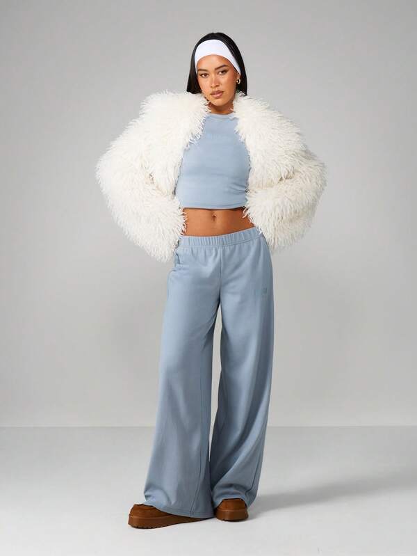 MISSGUIDED Ribbed Crop Top And Wide Leg Pants Set