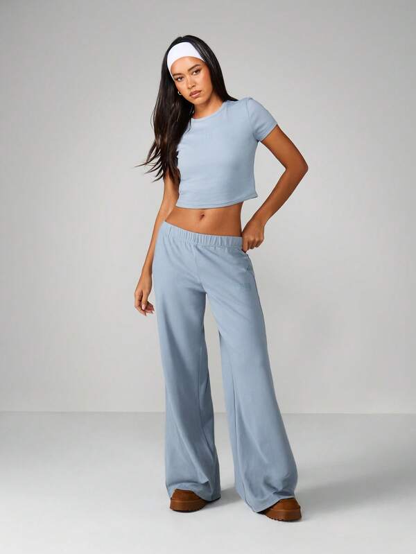 MISSGUIDED Ribbed Crop Top And Wide Leg Pants Set