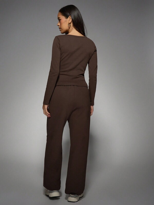 MISSGUIDED Ribbed Crop Top Wide Leg Jogger Two Piece Set