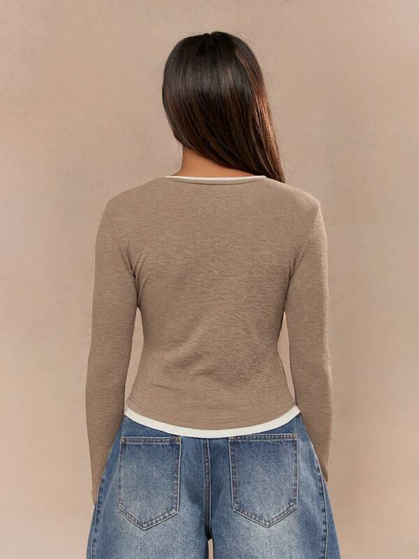 MISSGUIDED Ribbed Double Layered Long Sleeves Round Neck Fitted T-Shirt