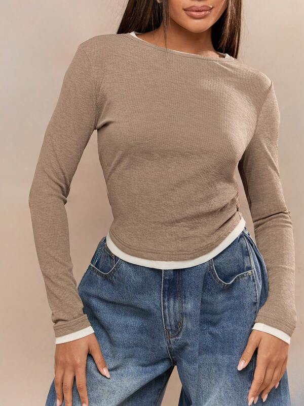 MISSGUIDED Ribbed Double Layered Long Sleeves Round Neck Fitted T-Shirt
