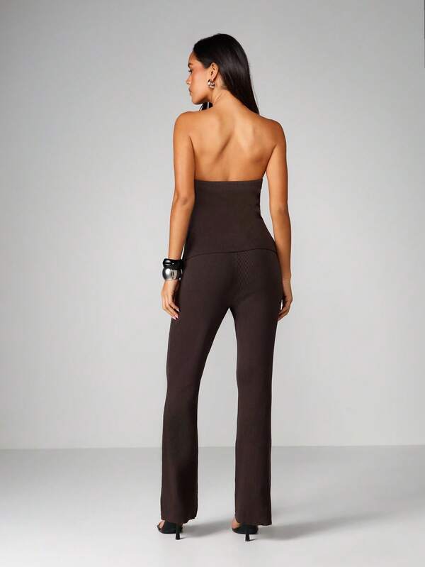 MISSGUIDED Ribbed Knit Bandeau And Trouser Set