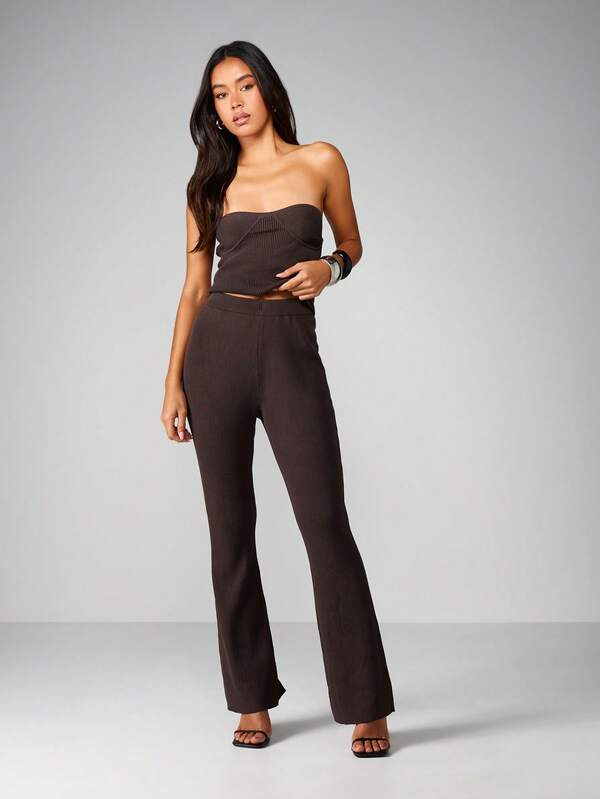 MISSGUIDED Ribbed Knit Bandeau And Trouser Set