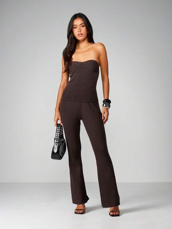 MISSGUIDED Ribbed Knit Bandeau And Trouser Set