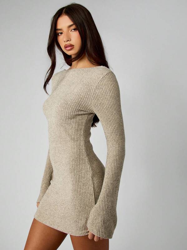 MISSGUIDED Ribbed Knit Bell Sleeve Bodycon Mini Dress
