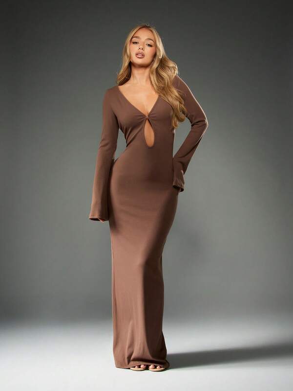 MISSGUIDED Ribbed Knit Bodycon Maxi Dress With Bell Sleeves