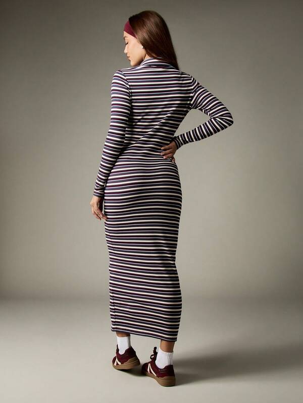 MISSGUIDED Ribbed Knit Button Down Collared Midi Dress