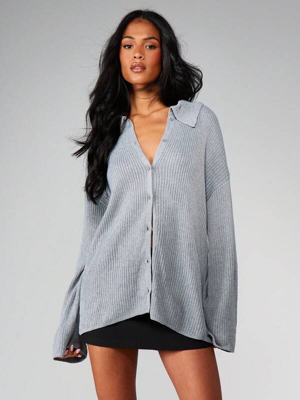 MISSGUIDED Ribbed Knit Button Front Cardigan With Collar