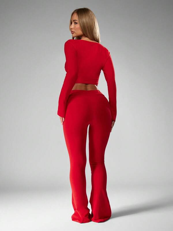 MISSGUIDED Ribbed Knit Button Front Crop Top And Flare Pants Set