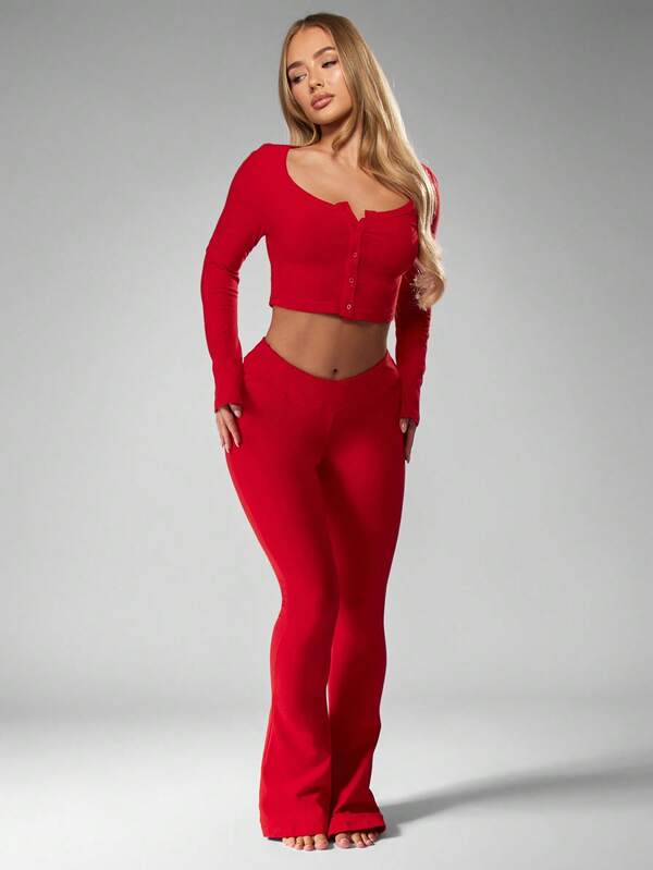 MISSGUIDED Ribbed Knit Button Front Crop Top And Flare Pants Set