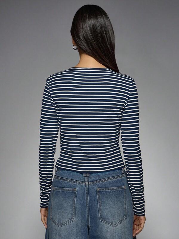 MISSGUIDED Ribbed Knit Button Front Crop Top With Nautical Stripes