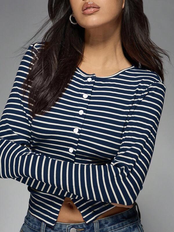MISSGUIDED Ribbed Knit Button Front Crop Top With Nautical Stripes