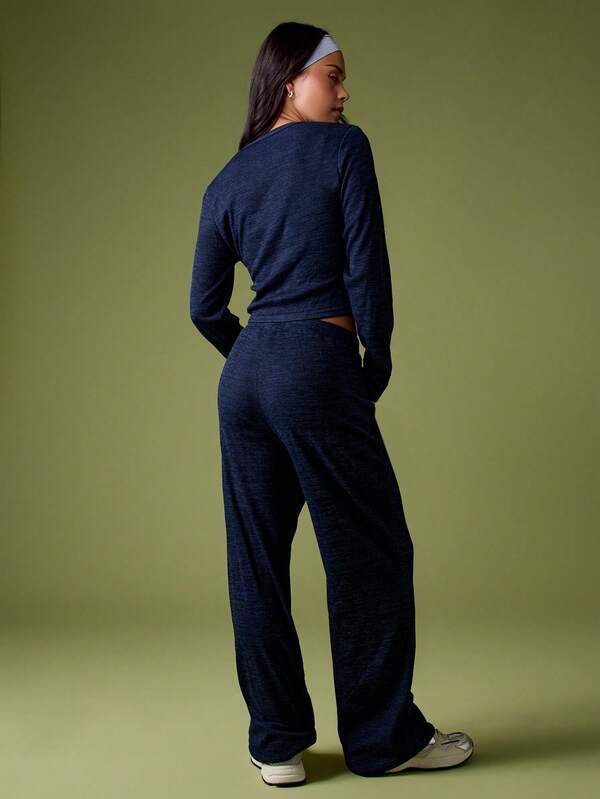 MISSGUIDED Ribbed Knit Button Up Crop Top And Wide Leg Pants