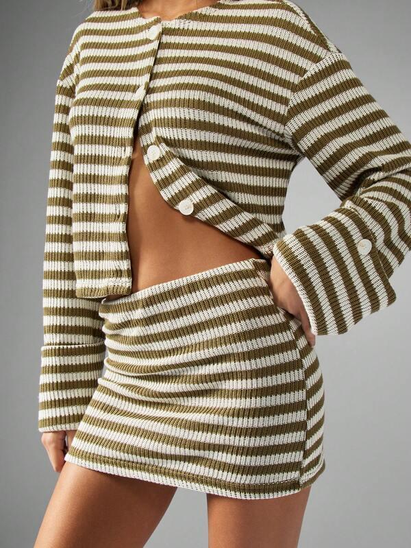 MISSGUIDED Ribbed Knit Button-Up Cropped Cardigan Mini Skirt Two Piece Outfit