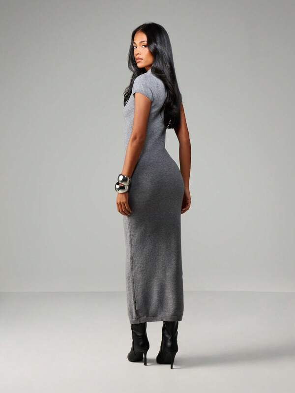 MISSGUIDED Ribbed Knit Cap Sleeve Maxi Dress