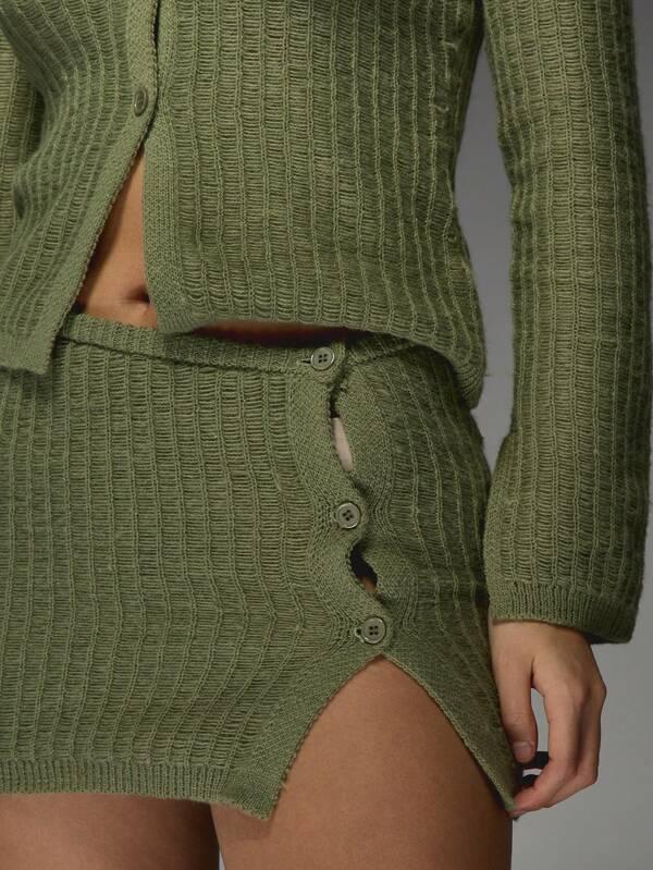 MISSGUIDED Ribbed Knit Cardigan And Mini Skirt Set With Buttons