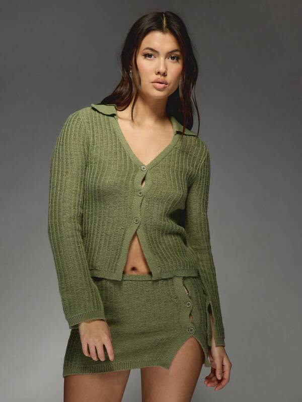 MISSGUIDED Ribbed Knit Cardigan And Mini Skirt Set With Buttons