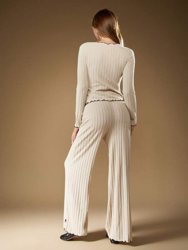 MISSGUIDED Ribbed Knit Cardigan And Wide Leg Pants With Bow Details