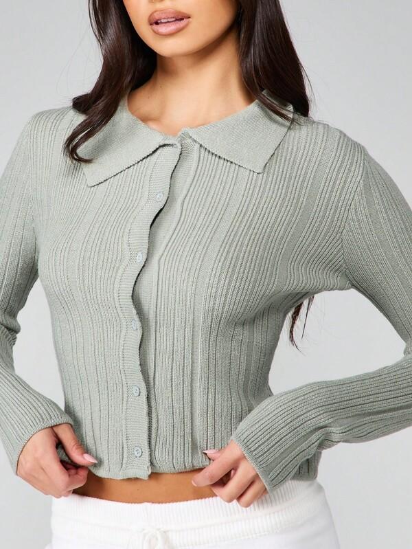 MISSGUIDED Ribbed Knit Cardigan With Collar And Button Front
