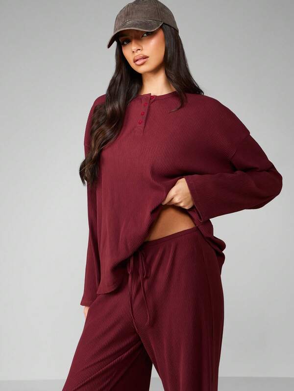 MISSGUIDED Ribbed Knit Co-Ord Set With Wide Leg Pants