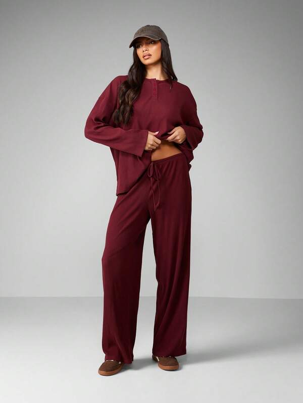 MISSGUIDED Ribbed Knit Co-Ord Set With Wide Leg Pants