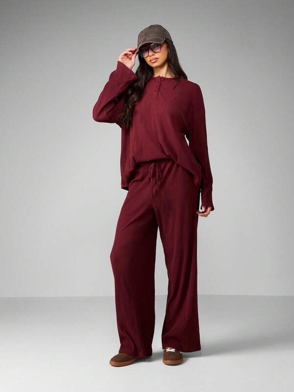 MISSGUIDED Ribbed Knit Co-Ord Set With Wide Leg Pants