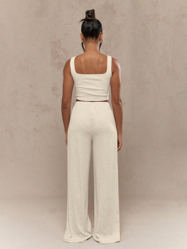 MISSGUIDED Ribbed Knit Crop Top Wide Leg Set