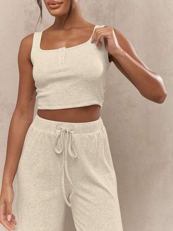 MISSGUIDED Ribbed Knit Crop Top Wide Leg Set