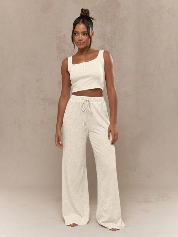 MISSGUIDED Ribbed Knit Crop Top Wide Leg Set