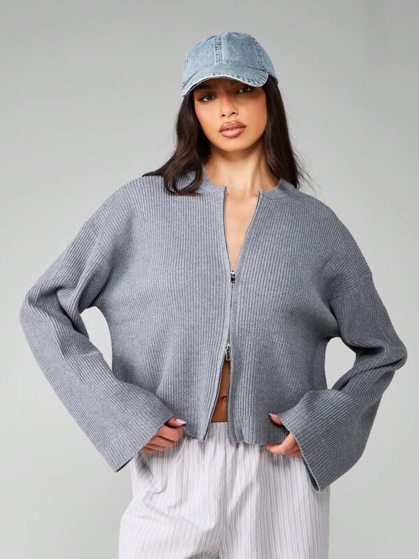 MISSGUIDED Ribbed Knit Cropped Cardigan With Bell Sleeves