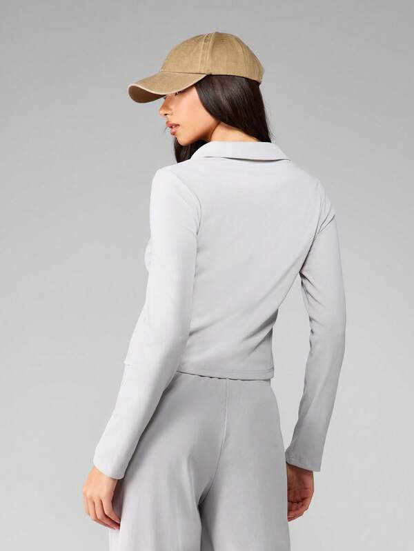 MISSGUIDED Ribbed Knit Half Button Polo Crop Top With Long Sleeves