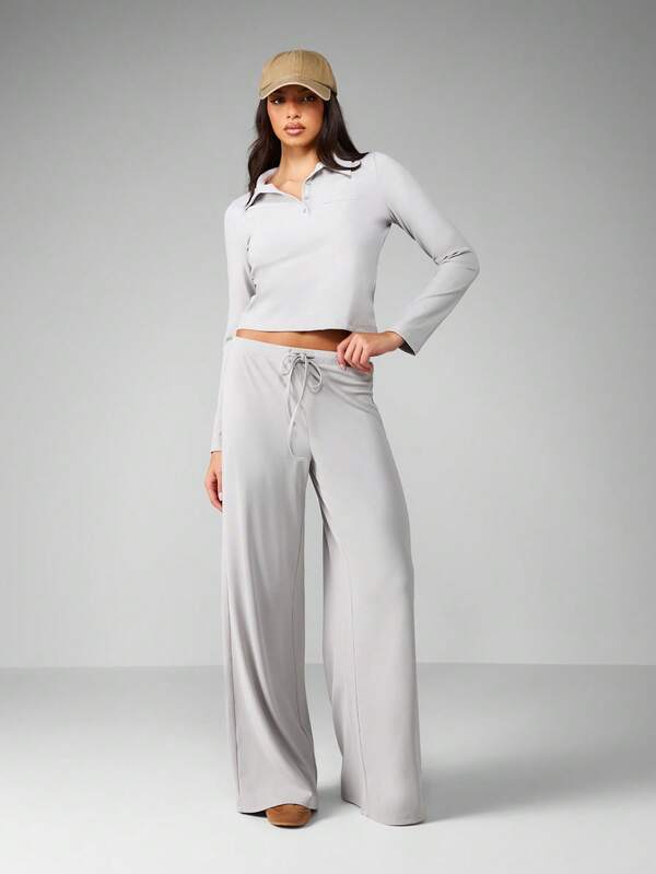 MISSGUIDED Ribbed Knit Half Button Polo Crop Top With Long Sleeves