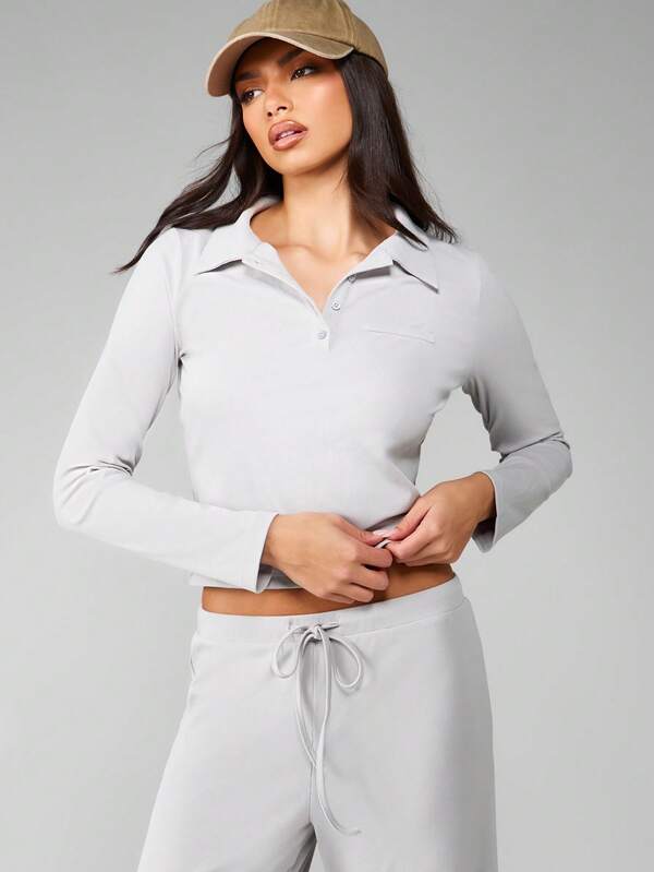 MISSGUIDED Ribbed Knit Half Button Polo Crop Top With Long Sleeves