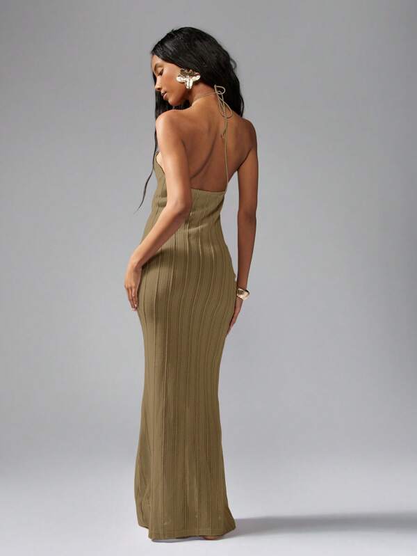 MISSGUIDED Ribbed Knit Halter Neck Bodycon Long Dress