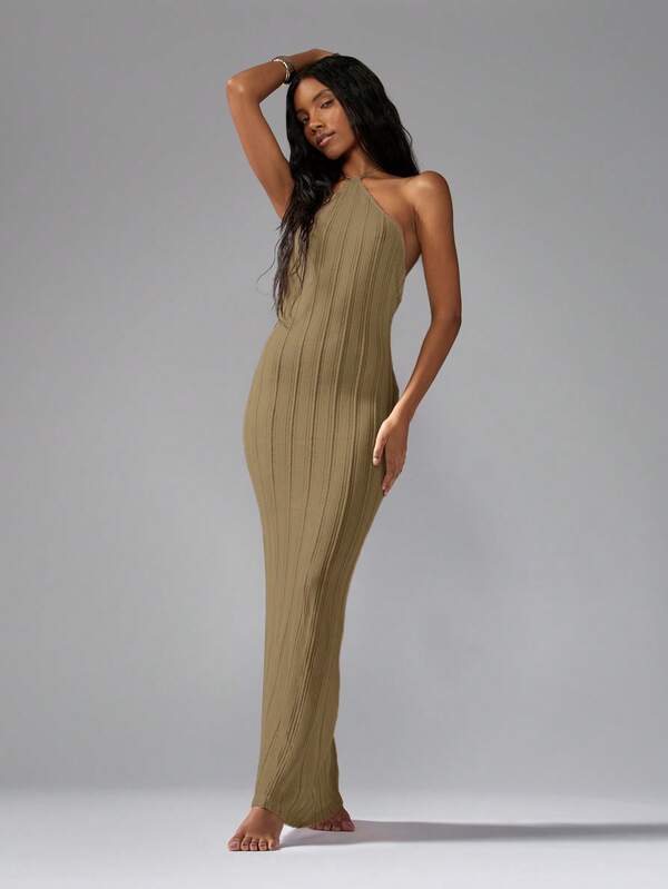 MISSGUIDED Ribbed Knit Halter Neck Bodycon Long Dress